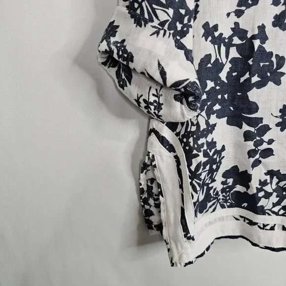 Women's MALVIN I Love Linen Tunic Top size M 8 NAVY BLUE & WHITE Floral Boho LS - Picture 4 of 8